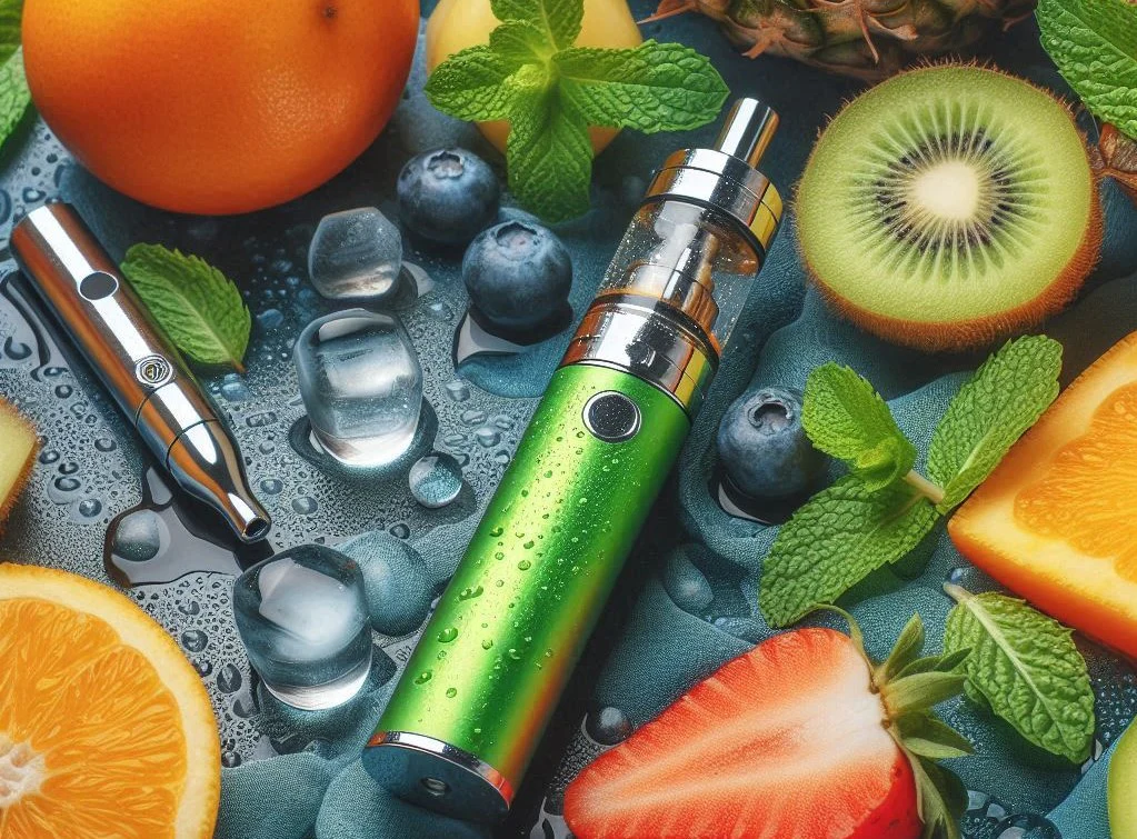 Dynamiczna kompozycja świeżych, soczystych owoców (winogrona, arbuzy,iny, truskawki, kiwi, brzoskwinie) z delikatnym dymem i urządzeniem Hifancy 45K, symbolizująca