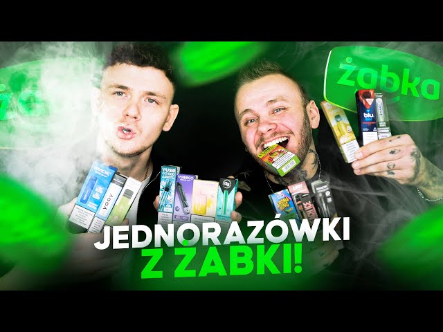 Graficzna tabela porównawcza popularnych e-papierosów jednorazowych dostępnych w Żabce, prezentująca ich ceny, smaki, moc chmury i ogólny werdykt.