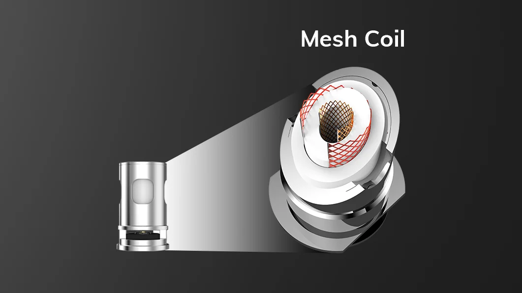 Schemat lub zbliżenie na wewnętrzną budowę grzałki Multi-Layer Mesh Coil w e-papierosie, podkreślające jej zaawansowaną technologię.