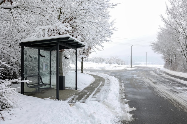 mężczyzna e-papieros mróz przystanek autobusowy zima, vapowanie na zimnie - Przystanek autobusowy przy śnieżnej drodze na wsi w zimie ...