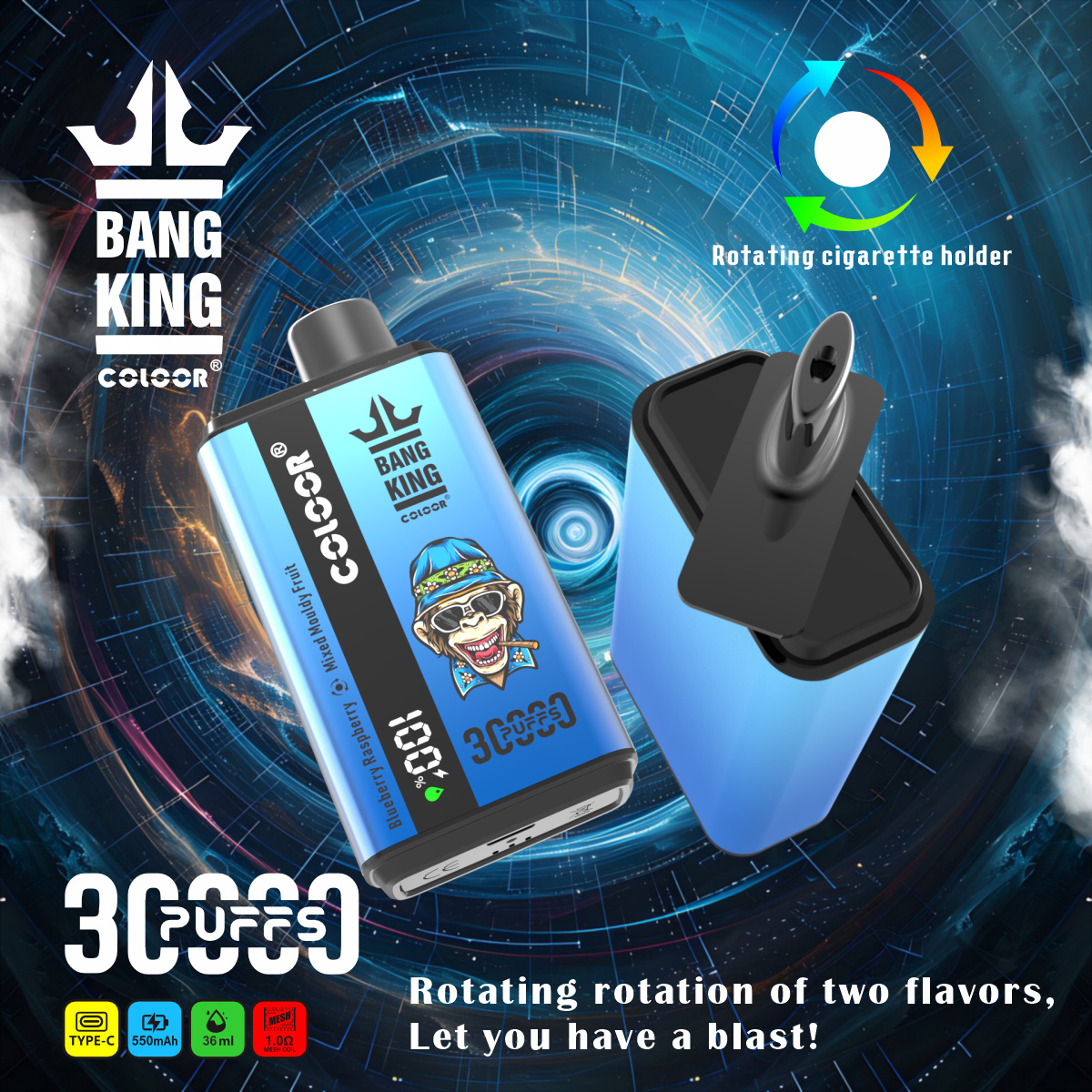 Bang King 30000 Puffs w dłoni, duży e-papieros, potężny vape, ergonomia dużego e-papierosa - e-papierosy jednorazowe Bang King - 30K - 30000- 2 smaki