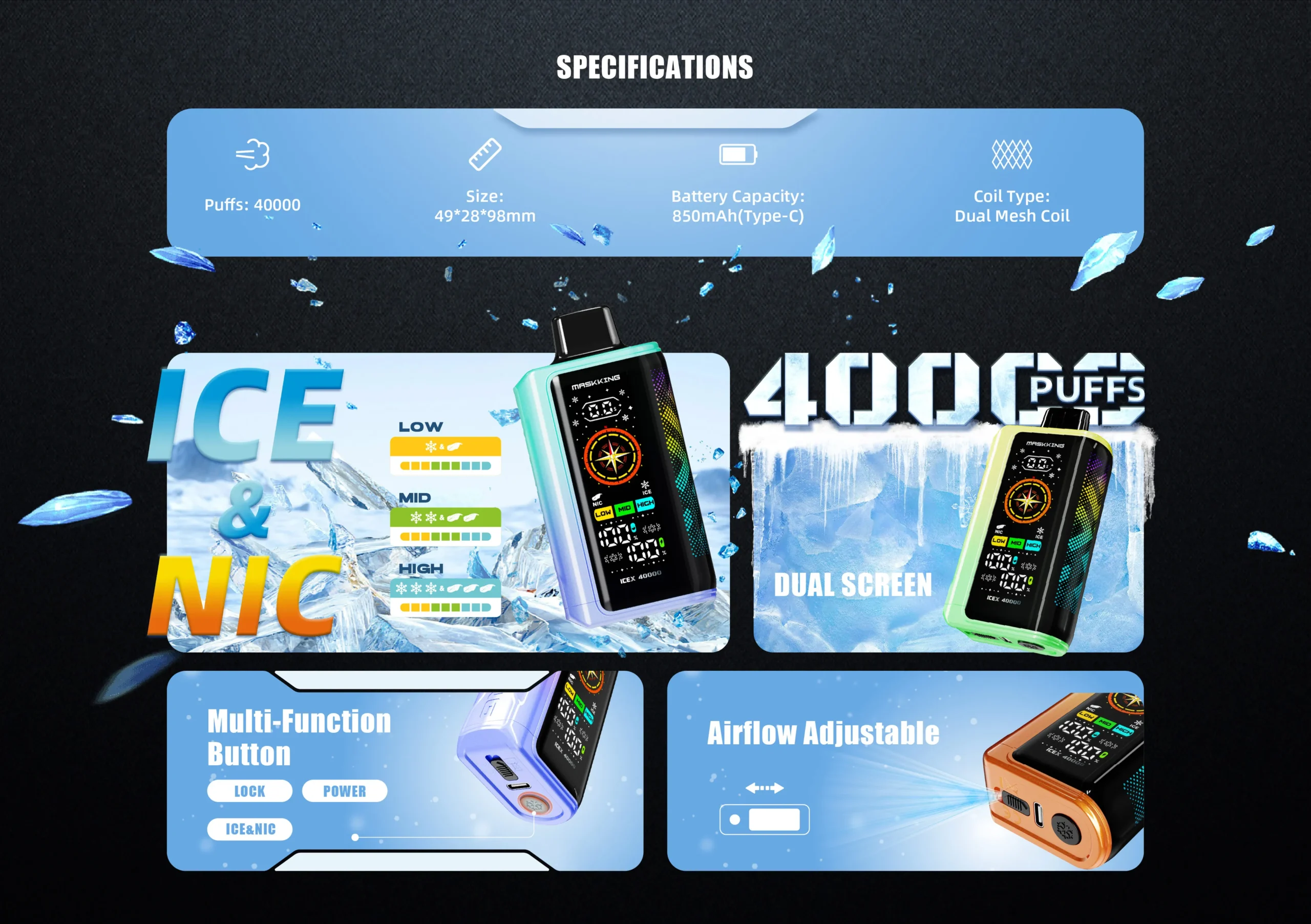 jednorazowy e papieros maskking icex 40000 3 poziomy mocy ice & nic