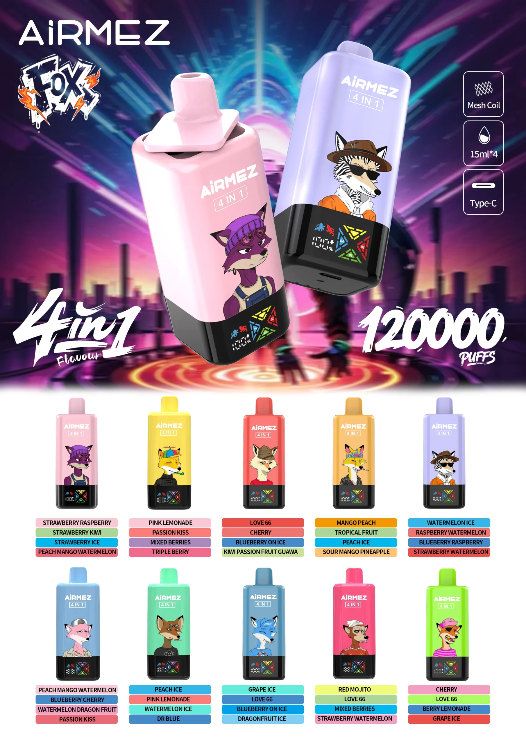 airmez fox 4 in 1 120k jednorazowy e papieros 2% – 120000 puffs | 4 smaki w 1 urządzeniu