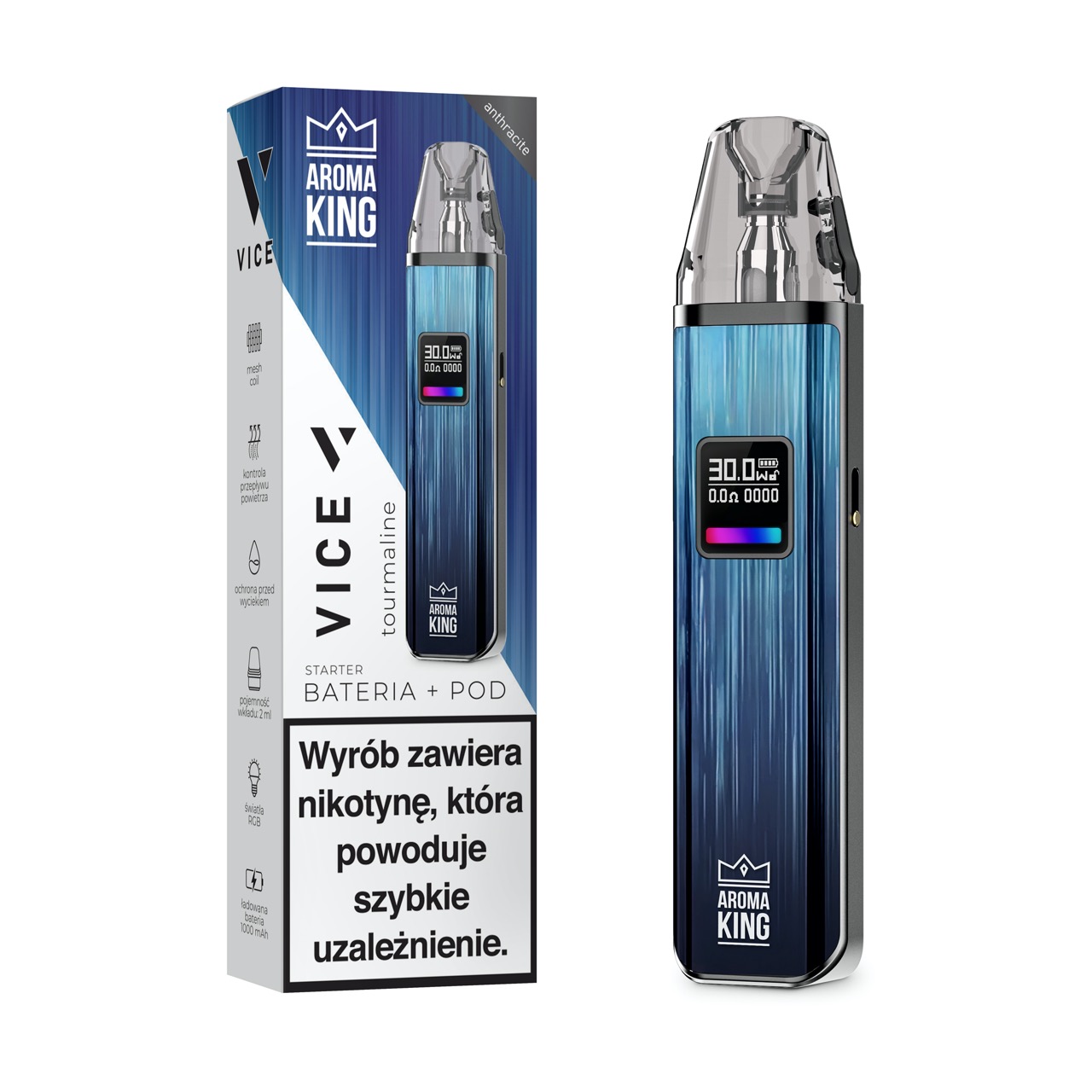 Aroma King, minimalistyczny e-papieros jednorazowy lub system pod, obok eleganckiego, kolorowego pudełka, sugerujące prostotę użytkowania.