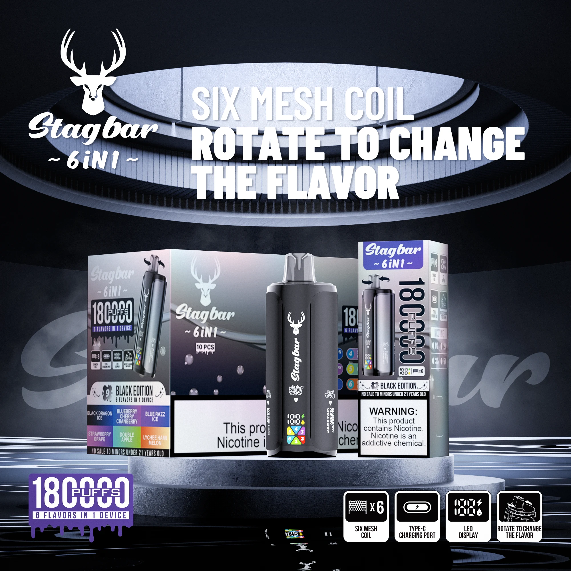 stagbar 6in1 180000 puffs – obrotowy e papieros 6w1 (108ml)