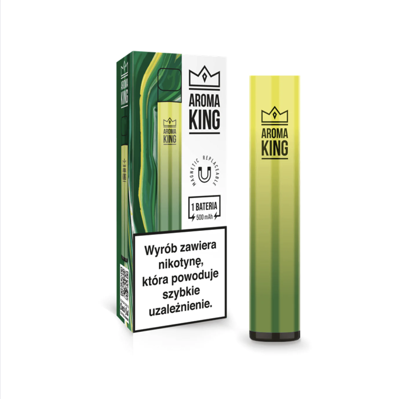 Nowoczesny system pod Aroma King (np. seria Integral lub Vice) z widoczną bazą akumulatorową i wymiennym kartridżem, obok kabla USB-C do ładowania.
