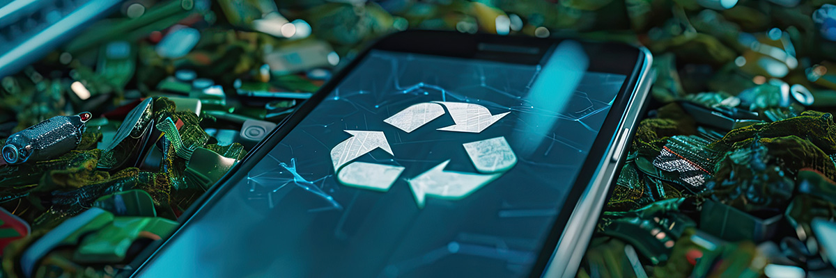 Zbiór drobnych urządzeń elektronicznych, takich jak smartfony, słuchawki bezprzewodowe, smartwatche i e-papierosy, symbolizujący problem ich recyklingu.