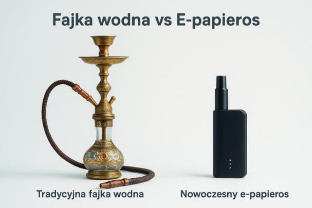 Obrazek dzielony na pół, z jednej strony tradycyjna fajka wodna z dymem, z drugiej nowoczesny e-papieros (vape), ilustrujący różnice w percepcji smaku.