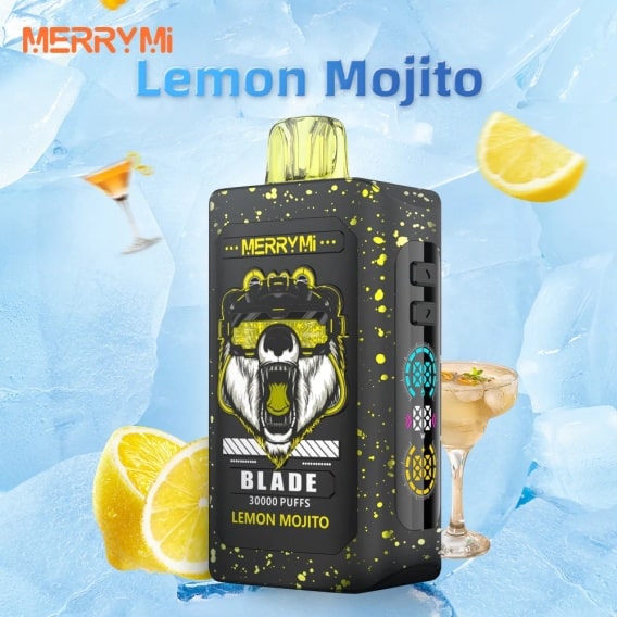 Zbliżenie na jednorazowy e-papieros Merrymi Blade 30K, prezentujące jego cyfrowy ekran z wyświetlaczem poziomu baterii i liquidu oraz opcjami regulacji.